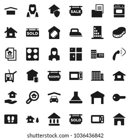 Flat vector icon set - cleaner trolley vector, sponge, welcome mat, steaming, shining window, house hold, woman, microwave oven, school building, university, dry cargo, warehouse, chalet, garage