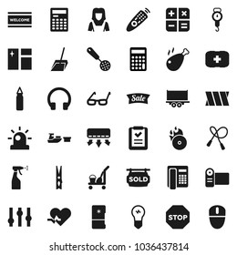 Flat vector icon set - cleaner trolley vector, scoop, clothespin, window cleaning, welcome mat, sprayer, woman, scales, skimmer, chicken leg, glasses, calculator, jump rope, punching bag, port, stop