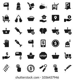 Flat vector icon set - cleaner trolley vector, foam basin, rubber glove, house hold, hand mill, mixer, blender, chicken leg, dollar coin, investment, trainer, boxing, traking, cargo, touchscreen