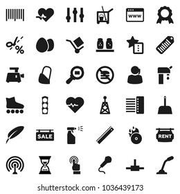 Flat vector icon set - cleaner trolley vector, scoop, sprayer, spices, egg, pen, ruler, medal, sand clock, heart pulse, roller Skates, no fastfood, traffic light, support, cargo, search, barcode