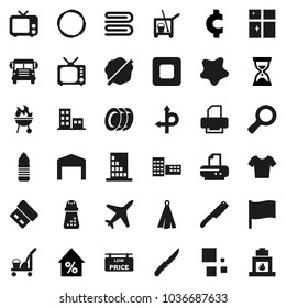 Flat vector icon set - cleaner trolley vector, towel, splotch, plates, shining window, knife, hand mill, bbq, school building, bus, flag, magnifier, percent growth, sand clock, cent sign, t shirt