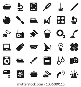 Flat vector icon set - cleaner trolley vector, vacuum, scoop, bucket, steaming, foam basin, pan, colander, spatula, oven, microscope, notebook pc, paper pin, fitball, gymnast rings, oxygen, scalpel