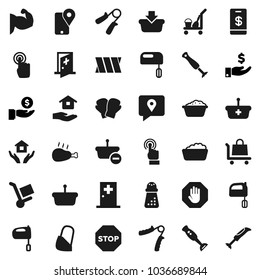 Flat vector icon set - cleaner trolley vector, foam basin, house hold, hand mill, mixer, blender, chicken leg, investment, trainer, muscule, boxing glove, traking, touchscreen, bandage, medical room