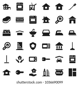 Flat vector icon set - cleaner trolley vector, mop, sponge, car fetlock, welcome mat, iron, house hold, sink, oven, university, dry cargo, key, cottage, garage, sold signboard, office building