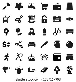 Flat vector icon set - cleaner trolley vector, water tap, splotch, woman, apron, knife, meat hammer, cutting board, jug, cake, scissors, exchange, gold ingot, wallet, jump rope, fitball, shorts, run