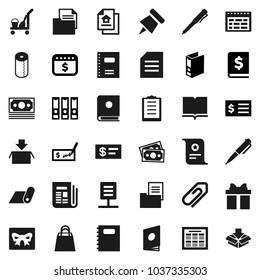 Flat vector icon set - cleaner trolley vector, toilet paper, book, copybook, pen, schedule, pin, certificate, document, check, annual report, receipt, binder, dollar calendar, fitness mat, money
