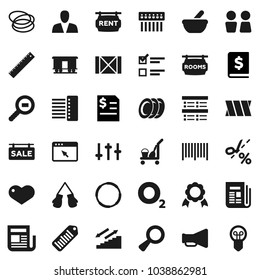 Flat vector icon set - cleaner trolley vector, water closet, plates, ruler, medal, exam, annual report, boxing glove, stairways run, hoop, oxygen, wood box, cargo search, barcode, Railway carriage