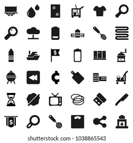 Flat vector icon set - cleaner trolley vector, window cleaning, splotch, shining, towel, skimmer, knife, cutting board, hand mill, bbq, school building, magnifier, sand clock, dollar flag, cent sign