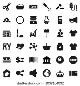 Flat vector icon set - cleaner trolley vector, toilet brush, foam basin, whisk, double boiler, cereal, cake, scissors, flask, bank, exchange, auction, gold ingot, stadium, t shirt, molecule, hoop