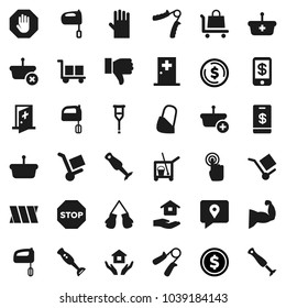 Flat vector icon set - cleaner trolley vector, rubber glove, house hold, mixer, blender, dollar coin, hand trainer, muscule, boxing, traking, cargo, touchscreen, finger down, crutches, bandage, stop