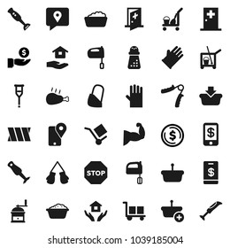 Flat vector icon set - cleaner trolley vector, foam basin, rubber glove, house hold, hand mill, mixer, blender, chicken leg, dollar coin, investment, trainer, muscule, boxing, traking, cargo, stop