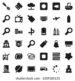 Flat vector icon set - cleaner trolley vector, towel, splotch, plates, skimmer, cutting board, school building, bus, magnifier, dollar flag, water bottle, hoop, route, plane, truck trailer, battery