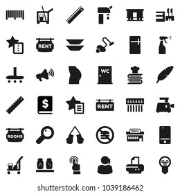 Flat vector icon set - cleaner trolley vector, vacuum, sprayer, water closet, cookbook, spices, plates, pen, ruler, annual report, buttocks, boxing glove, no fastfood, support, Railway carriage, hub
