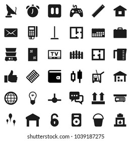 Flat vector icon set - cleaner trolley vector, mop, bucket, window cleaning, measuring cup, double boiler, ruler, case, alarm clock, japanese candle, wallet, calendar, top sign, warehouse, gamepad