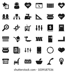Flat vector icon set - cleaner trolley vector, water closet, spices, corner ruler, annual report, heart pulse, hoop, wood box, cargo, big scales, search, newspaper, settings, mobile phone, dna, hub