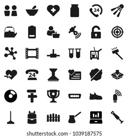 Flat vector icon set - cleaner trolley vector, vacuum, mop, car fetlock, splotch, water closet, kettle, turk coffee, jar, backpack, award cup, pie graph, laptop, snickers, target, molecule, cross