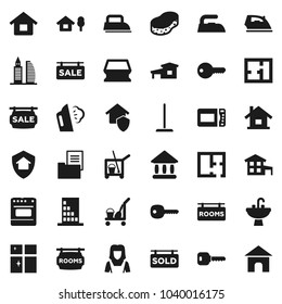 Flat vector icon set - cleaner trolley vector, mop, sponge, iron, steaming, shining window, sink, woman, university, key, house, cottage, chalet, plan, estate document, sale signboard, rooms, sold