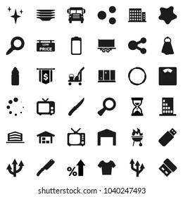 Flat vector icon set - cleaner trolley vector, towel, shining, splotch, plates, window, knife, bbq, school bus, magnifier, percent growth, sand clock, dollar flag, scales, t shirt, water bottle, tv