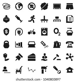 Flat vector icon set - cleaner trolley vector, vacuum, sponge, splotch, washing powder, kettle, ladle, blender, cake, paper pin, constellation, graph, hierarchy, bike, weight, shorts, molecule, hoop