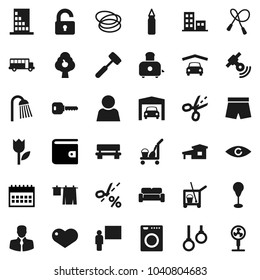 Flat vector icon set - cleaner trolley vector, drying clothes, shower, meat hammer, toaster, blackboard, school bus, wallet, calendar, jump rope, punching bag, shorts, hoop, gymnast rings, client