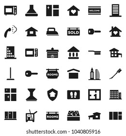 Flat vector icon set - cleaner trolley vector, fetlock, mop, sponge, car, window cleaning, welcome mat, steaming, shining, microwave oven, university, dry cargo, key, cottage, plan, rooms signboard