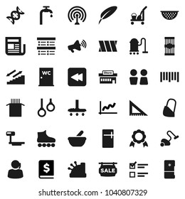Flat vector icon set - cleaner trolley vector, vacuum, water closet, colander, pasta, pen, corner ruler, medal, exam, graph, annual report, roller Skates, stairways run, gymnast rings, support, dna