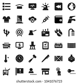 Flat vector icon set - cleaner trolley vector, water tap, shower, meat hammer, turk coffee, thermometer, pen, wallet, monitor dollar, t shirt, target, earth, attention, clock, wood box, dry cargo