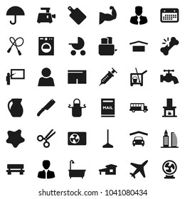Flat vector icon set - cleaner trolley vector, mop, water tap, splotch, bath, apron, knife, cutting board, toaster, jug, blackboard, school bus, manager, jump rope, muscule hand, shorts, plane, user