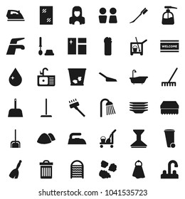 Flat vector icon set - cleaner trolley vector, broom, water tap, vacuum, mop, scoop, rake, sponge, towel, trash bin, drop, car fetlock, window cleaning, welcome mat, iron, bath, toilet brush, agent