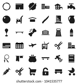 Flat vector icon set - cleaner trolley vector, water tap, splotch, drying clothes, knife, grater, jug, school building, scissors, calendar, jump rope, punching bag, fitball, shorts, skateboard, hoop