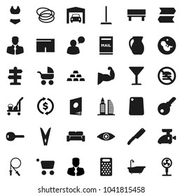 Flat vector icon set - cleaner trolley vector, mop, clothespin, bath, knife, cutting board, grater, jug, exchange, manager, gold ingot, jump rope, muscule hand, shorts, swimsuite, no fastfood, hoop