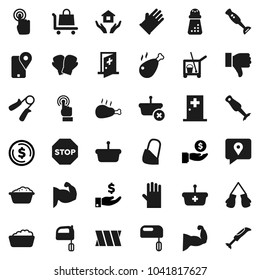 Flat vector icon set - cleaner trolley vector, foam basin, rubber glove, house hold, hand mill, mixer, blender, chicken leg, dollar coin, investment, trainer, muscule, boxing, traking, touchscreen