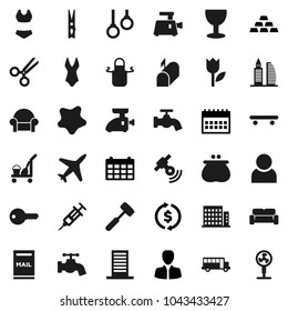 Flat vector icon set - cleaner trolley vector, clothespin, water tap, splotch, apron, meat hammer, school bus, exchange, manager, calendar, gold ingot, swimsuite, skateboard, gymnast rings, plane