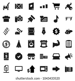 Flat vector icon set - cleaner trolley vector, sponge, cook hat, towel, microwave oven, book, pen, school building, clipboard, paper pin, music, dollar coin, cart, growth, medal, horizontal bar