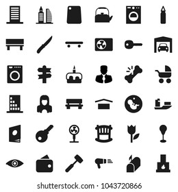 Flat vector icon set - cleaner woman vector, kettle, knife, meat hammer, cutting board, cake, manager, punching bag, skateboard, signpost, ship, dry cargo, tulip, eye, pregnancy, broken bone, bench