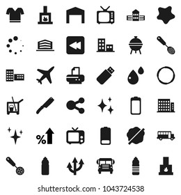 Flat vector icon set - cleaner trolley vector, shining, splotch, skimmer, knife, bbq, school building, bus, percent growth, t shirt, water bottle, hoop, plane, tv, battery, backward button, share