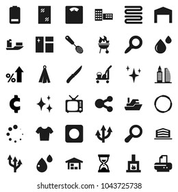 Flat vector icon set - cleaner trolley vector, shining, window cleaning, towel, skimmer, knife, bbq, school building, magnifier, percent growth, sand clock, cent sign, scales, t shirt, hoop, ship