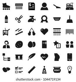 Flat vector icon set - cleaner trolley vector, scoop, water closet, colander, egg, potato, pen, ruler, medal, exam, annual report, heart pulse, buttocks, boxing glove, roller Skates, bottle, support