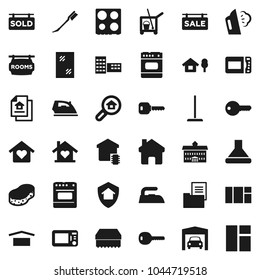 Flat vector icon set - cleaner trolley vector, mop, sponge, car fetlock, window cleaning, iron, steaming, oven, university, school building, dry cargo, home, key, chalet, garage, estate document