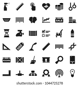 Flat vector icon set - cleaner trolley vector, scoop, sprayer, colander, corner ruler, medal, exam, graph, coin stack, sand clock, hierarchy, boxing glove, water bottle, gymnast rings, wood box, dna