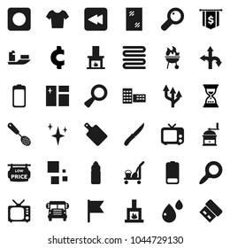 Flat vector icon set - cleaner trolley vector, shining, window cleaning, towel, skimmer, knife, cutting board, hand mill, bbq, school building, bus, flag, magnifier, sand clock, dollar, cent sign
