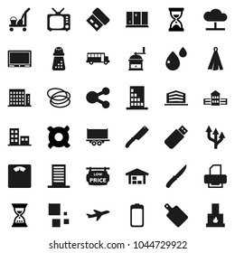 Flat vector icon set - cleaner trolley vector, shining window, towel, knife, cutting board, hand mill, school building, bus, sand clock, any currency, scales, hoop, plane, truck trailer, tv, battery