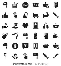 Flat vector icon set - cleaner trolley vector, foam basin, rubber glove, house hold, hand mill, mixer, blender, chicken leg, investment, trainer, muscule, boxing, traking, cargo, touchscreen, stop