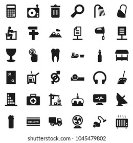 Flat vector icon set - cleaner trolley vector, vacuum, scoop, trash bin, window cleaning, welcome mat, agent, shower, mixer, cake, oil, student, magnifier, calculator, first aid kit, port, glass