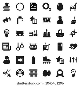 Flat vector icon set - cleaner trolley vector, scoop, cookbook, spices, egg, medal, exam, annual report, roller Skates, water bottle, hoop, gymnast rings, oxygen, Railway carriage, support, antenna