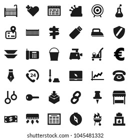 Flat vector icon set - cleaner trolley vector, bucket, toilet brush, bbq, plates, pen, schedule, compass, graph, euro sign, target, gymnast rings, signpost, navigator, phone 24, sea container, flask