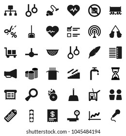 Flat vector icon set - cleaner trolley vector, vacuum, scoop, water closet, colander, pasta, pen, exam, graph, coin stack, sand clock, heart pulse, boxing glove, stairways run, no fastfood, cargo