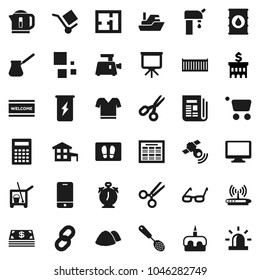 Flat vector icon set - cleaner trolley vector, welcome mat, garbage pile, skimmer, turk coffee, cake, glasses, calculator, alarm clock, schedule, scissors, presentation, bank building, t shirt, ship
