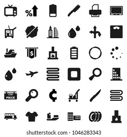 Flat vector icon set - cleaner trolley vector, towel, splotch, plates, knife, school building, bus, percent growth, dollar flag, cent sign, scales, t shirt, hoop, route, plane, ship, tv, battery