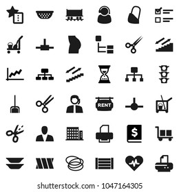 Flat vector icon set - cleaner trolley vector, scoop, colander, plates, exam, graph, annual report, sand clock, hierarchy, buttocks, stairways run, hoop, Railway carriage, traffic light, support
